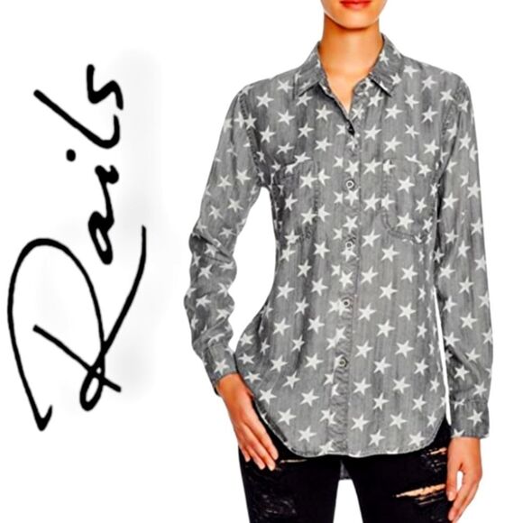 RAILS DENIM CHAMBRAY GREY WHITE STAR PRINT LYOCELL TENCEL BUTTON DOWN SHIRT SM - Picture 1 of 13